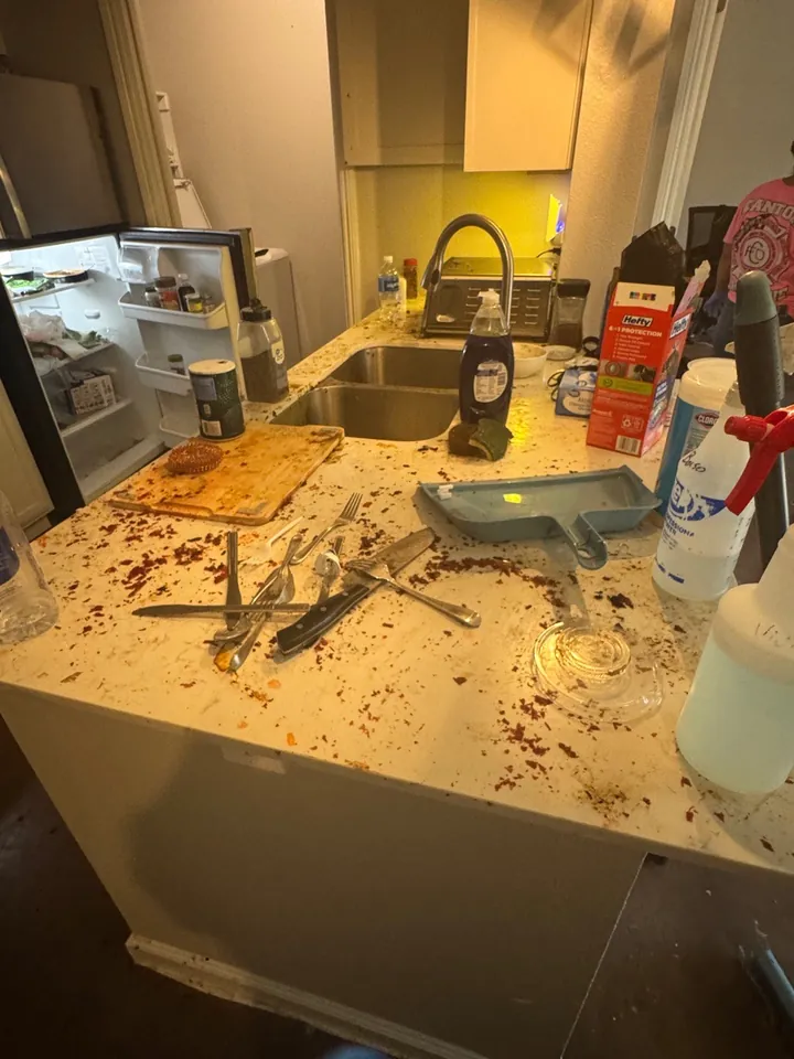Kitchen counter covered in spills and food debris before a deep clean